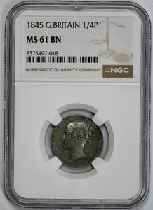 1845 Great Britain 1/4P Farthing NGC MS 61 BN - Picture 1 of 4