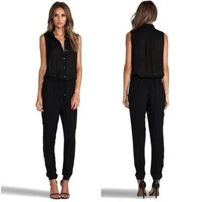 Haute Hippie Jumpsuit 100% Silk Collared Button Down Black Muscle sz M - Image 1 of 4