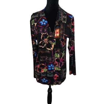 Cárdigan Boho Chicos Travelers Para Mujer Negro Floral Slinky Un Botón Colorido M Foto 1 de 4