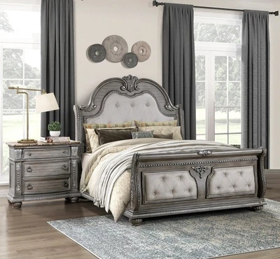 Juego de 3 mesitas de noche y cama de lujo formal Cal-King acabado gris muebles Foto 1 de 4