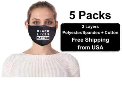 5 Packs BLM Black Lives Matter Face Mask Print Reusable Washable Filter Pocket - Image 1 of 4