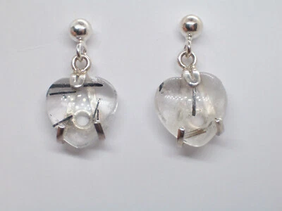 Orecchini pendenti in Argento 925 con Cuore in Quarzo Rutilato - pietra dura - - Immagine 1 di 4