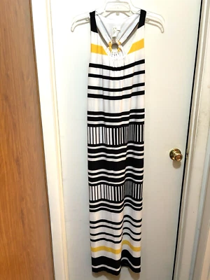 Vestido maxi tamanho M sem mangas preto branco amarelo elastano Emma & Michelle feminino - Imagem 1 de 4