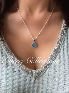 Collana Ciondolo Goccia Alone Opale Fuoco Rotondo Blu Rotondo Argento Sterling 925 18"" N25 - Foto 1 di 6