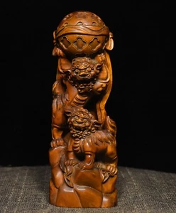 7" Folk Collect Boxwood wood carve Two Lions dance sphere animal Beast Statue - Picture 1 of 10