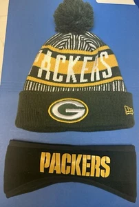 New Era Green Bay Packers Sport Pom Knit Stocking Cap Hat Adult + Ear Warmers - Picture 1 of 8