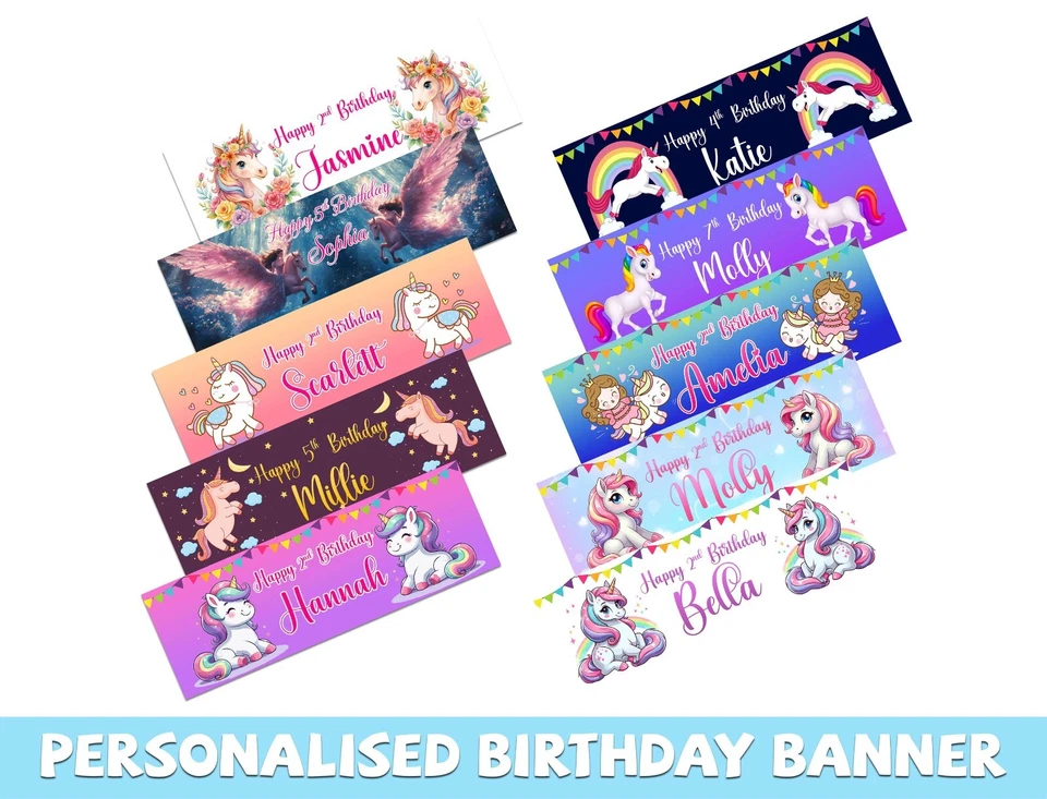 Banners de cumpleaños personalizados con diseño de unicornio decoración de fiesta para niños 609 Foto 1 de 1