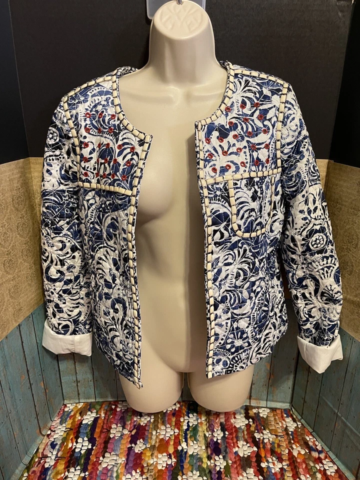 Бесконечная роза темно-синий/белый красивый стеганая бусина украшенный талии куртка - Изображение 1 из 4