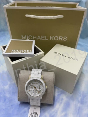 MK5145 Michael Kors Ladies Runway Chronograph White Silicone Gold Steel Watch - Image 1 of 3