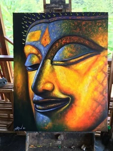 Original oil painting on canvas Buddha's face - Picture 1 of 6