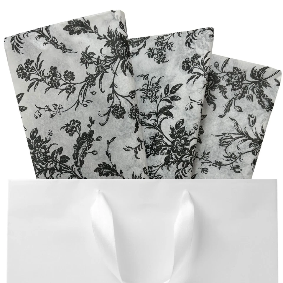 Gift Wrapping Tissue Paper --48 Large Sheets - BLACK WHITE FLORAL -  30" x 20" - Image 1 of 1