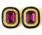 Vintage Gold tone Black Enamel Purple Glass & Rhinestones Clip Earring
