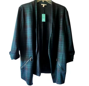 MAURICES Womens 1X Green Black Plaid Tartan Jacket Blazer Open Front 3/4 Sleeve - Picture 1 of 8