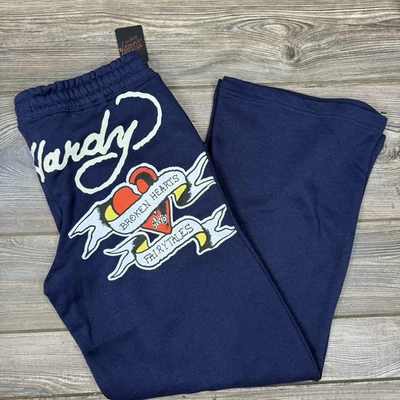 Ed Hardy Womens Broken Hearts  Sweatpants Wide Leg Y2K Navy Size XL NWT - Image 1 of 4