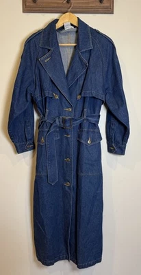 VTG 90s Together! Women Trench Coat Denim Duster Long Jean 6 Blue Belted Pocket - Image 1 of 4