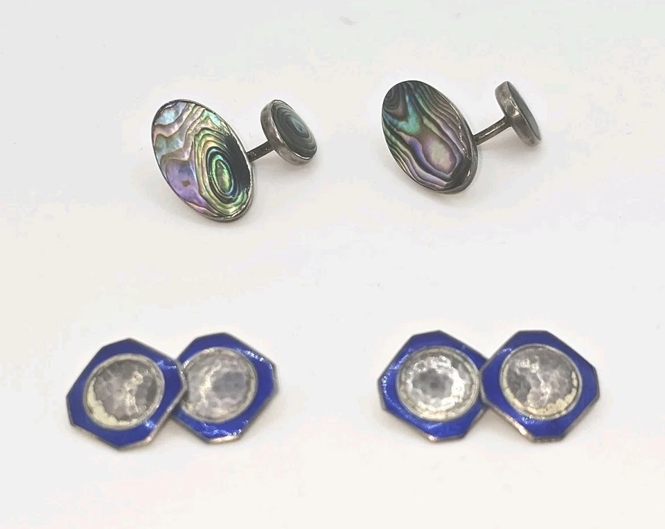 2 Pair Vintage Sterling Silver Cuff Links 1 W/Abalone + 1 W/Blue Enamel 11.1g - Image 1 of 4