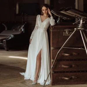 Elegant Chiffon A-Line Wedding Dresses V-Neck Long Sleeves Side Slit Bridal Gown - Picture 1 of 7