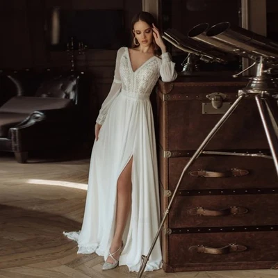 Elegant Chiffon A-Line Wedding Dresses V-Neck Long Sleeves Side Slit Bridal Gown - Image 1 of 4