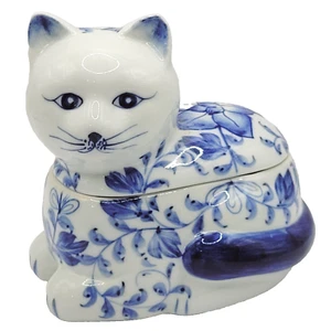 Blue Floral Cat Kitty Kitten Lidded Trinket Vanity Dresser Jewelry Dish Box - Picture 1 of 17