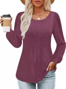 ZESICA Long Sleeve Shirts for Women Fall Tops Crew Neck Pleated Casual Tunic Blo - Picture 1 of 6