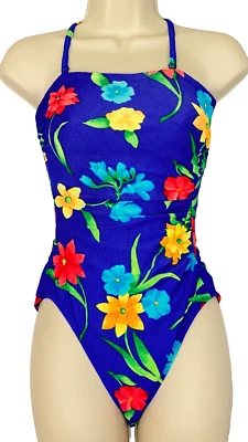 Vintage 1980s one-piece floral swimsuit blue colorful high thigh Cole of CA 8 S - Image 1 of 4