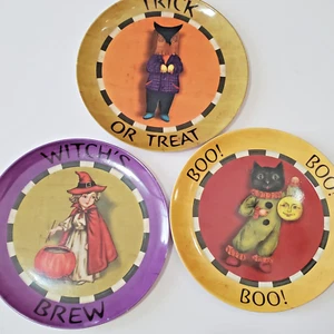 Piatti Halloween 3 Melamina Melmac 8" Look Vintage Strega Gatto Gufo-Uomo Plastica - Foto 1 di 8