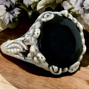 4 CARAT BLACK AGATE ART NOUVEAU STYLE 925 SOLID STERLING SILVER FLOWER RING 333 - Picture 1 of 3