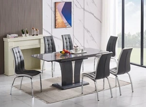 Dining Table Set Extending Grey/White Marble Effect Glass 6 Faux Leather Chairs - Picture 1 of 162