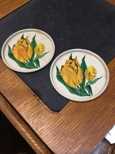 PAIR TIN YELLOW TULIP COASTERS NO MAKE/USED - Picture 1 of 2