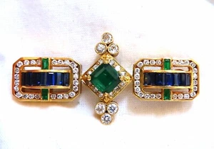 Vintage Rare Handmade Emerald Sapphire Diamond Pin 18kt - Picture 1 of 5