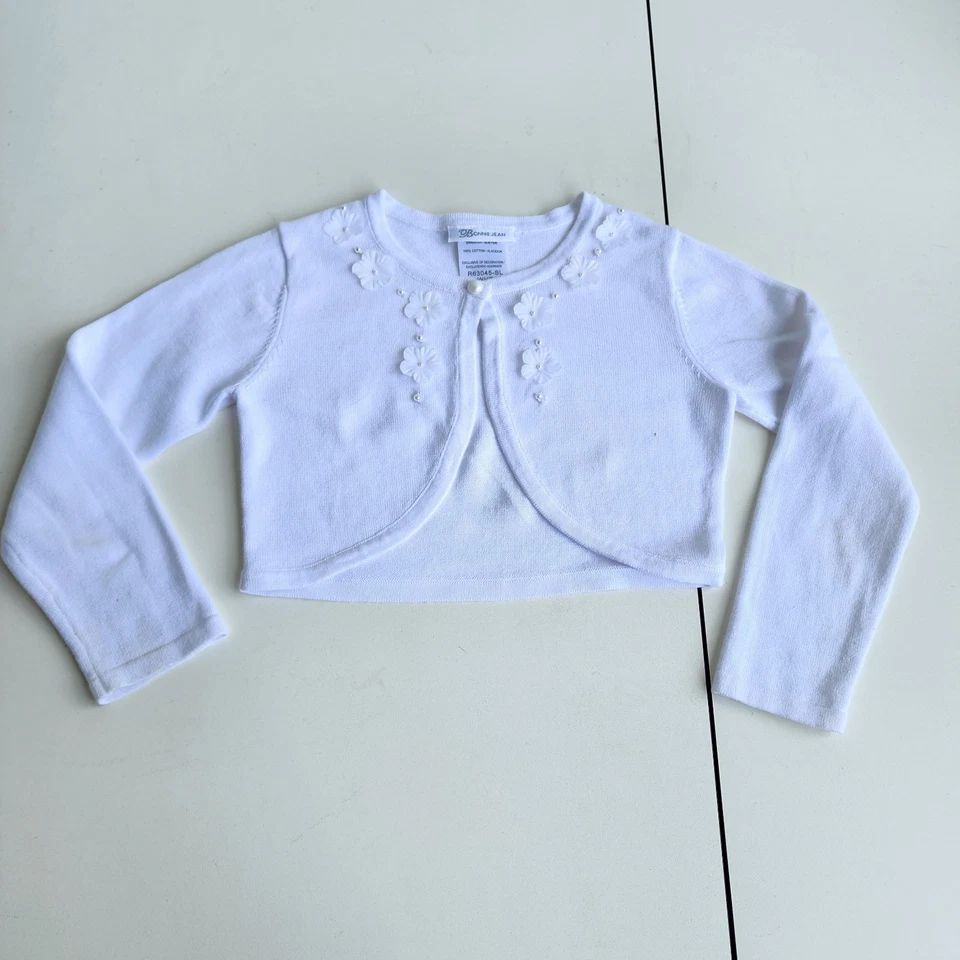 Suéter Bonnie Jean Niña Bolero Encogido de hombros Elegante Apliques 3D Tejido Crochet Blanco 6X Foto 1 de 4
