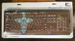 NEW BELIEVETEK WIRELESS KEYBOARD BLUE FLORAL CROSS GRAPHIC BROWN FULL SIZE - Picture 1 of 4