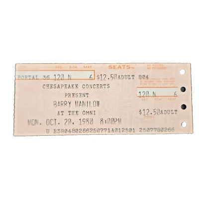 Vintage 1980 Ticket Stub-Barry Manilow Concert at the Omni in Atlanta - Image 1 of 2
