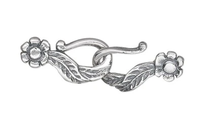 1 Antiqued Sterling Silver 13x7mm Flower & Leaf Hook & Eye Clasp - Image 1 of 2