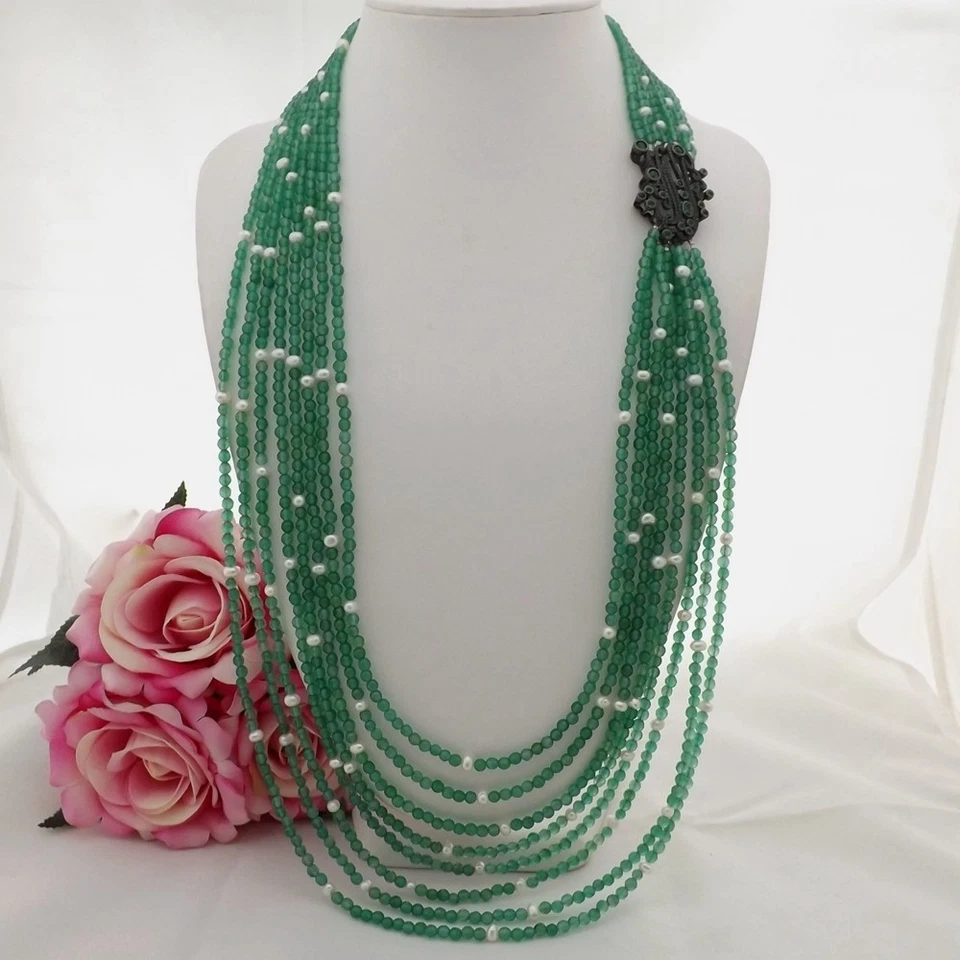 30" 8 Strands  Green Agate White Pearl Necklace CZ Pendant - Image 1 of 4