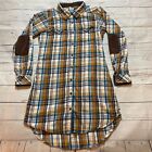 Kavu Jurnee Plaid Flannel Button Up Dress Patch Elbows Teal Women's Size Small