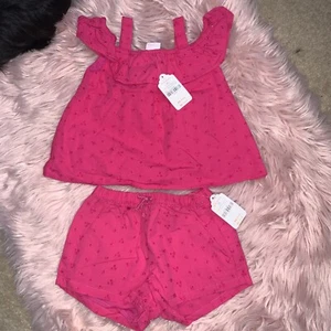 NWT Gymboree Baby Bright Pink Eyelet Top and Pink Shorts outfit  Sz 18-24 Months - Picture 1 of 5