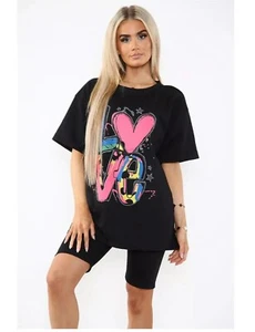 Women's Oversized Love Side Slit Cycling Short And T-shirts Co-ord Two Piece Set - Picture 1 of 12