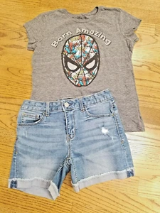 Girls 2pcs Set Disney Spiderman Born Amazing top L 10/12 & Gap denim shorts 12 - Picture 1 of 8