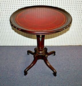 Antique Leather-Top Round Pedestal Side Table w/ Gold Scroll/Foliate Motif 1920