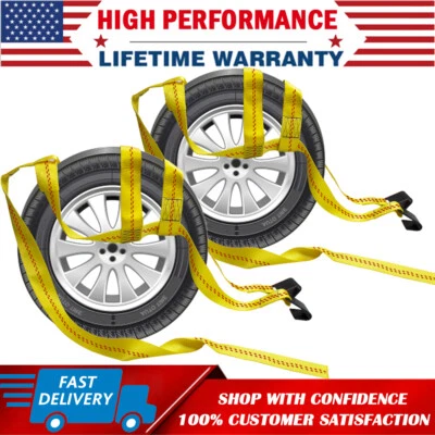 Set of 2 Yellow Car Tire Tow Dolly Straps Basket Strap w/ Flat Hook Heavy Duty - Image 1 of 4