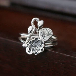Women Sterling Silver Ring Lotus Flower Yoga Adjustable A3260 - Picture 1 of 7