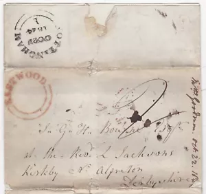 1844 CARTA NOTTINGHAM ROJA UDC EASTWOOD MARY ANN GOODMAN RE CARBÓN ""2d"" sin pagar" - Imagen 1 de 3