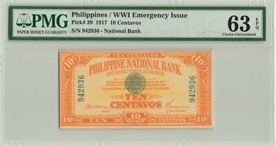 PHILIPPINES 10 Centavos 1917, P-39 Philippine National Bank WWI, PMG 63 EPQ UNC - Image 1 of 2