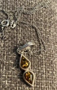 Sterling Silver Amber Double Pear Shape Pendant Rolo Chain 18” - Picture 1 of 7