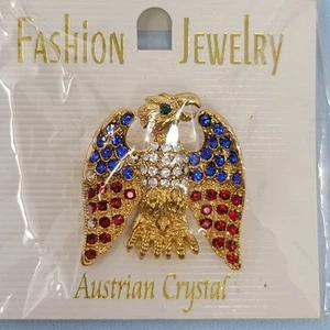 Gold Tone Eagle Brooch Red, White & Blue Austrian Crystals - Picture 1 of 5