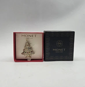 Christmas Tree Brooch Monet Pin Gold Tone Rhinestones Holiday Box - Picture 1 of 5