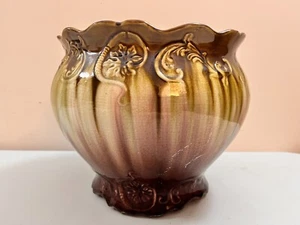 ANTIQUE VINTAGE ART POTTERY GREEN BROWN JARDINERE PLANTER 9.5" - Picture 1 of 7