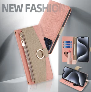 Women Zipper Leather Card Flip Wallet Shoulder Gold Strap Phone Case Cover - Picture 1 of 13