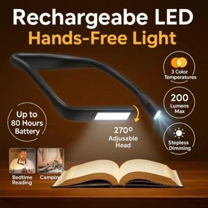 LED Neck Reading Light Rechargeable for Bed Book Lovers, Knitting, Camping, Gift - Picture 1 of 9